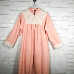 Vanity Fair Vintage House Coat Robe Floral Pink Ivory Half Zip Micro-Fleece